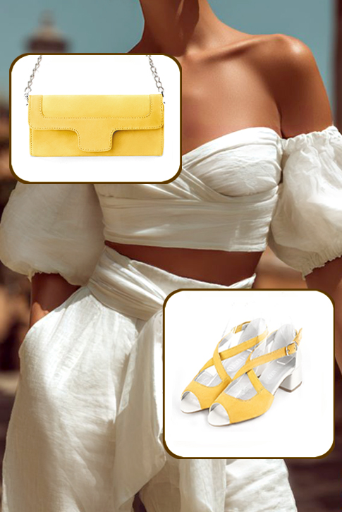 Women's yellow and off white elegant sandals closed at the back with crossed straps. Round toe. Low flare heels - Top view